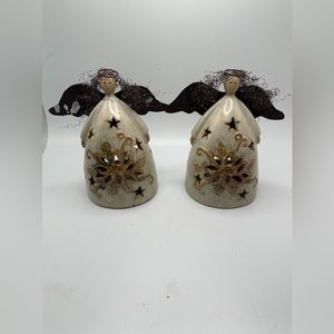 2 Art Pottery Angel Tea Lights With Metal Wings - 5.25” Tall